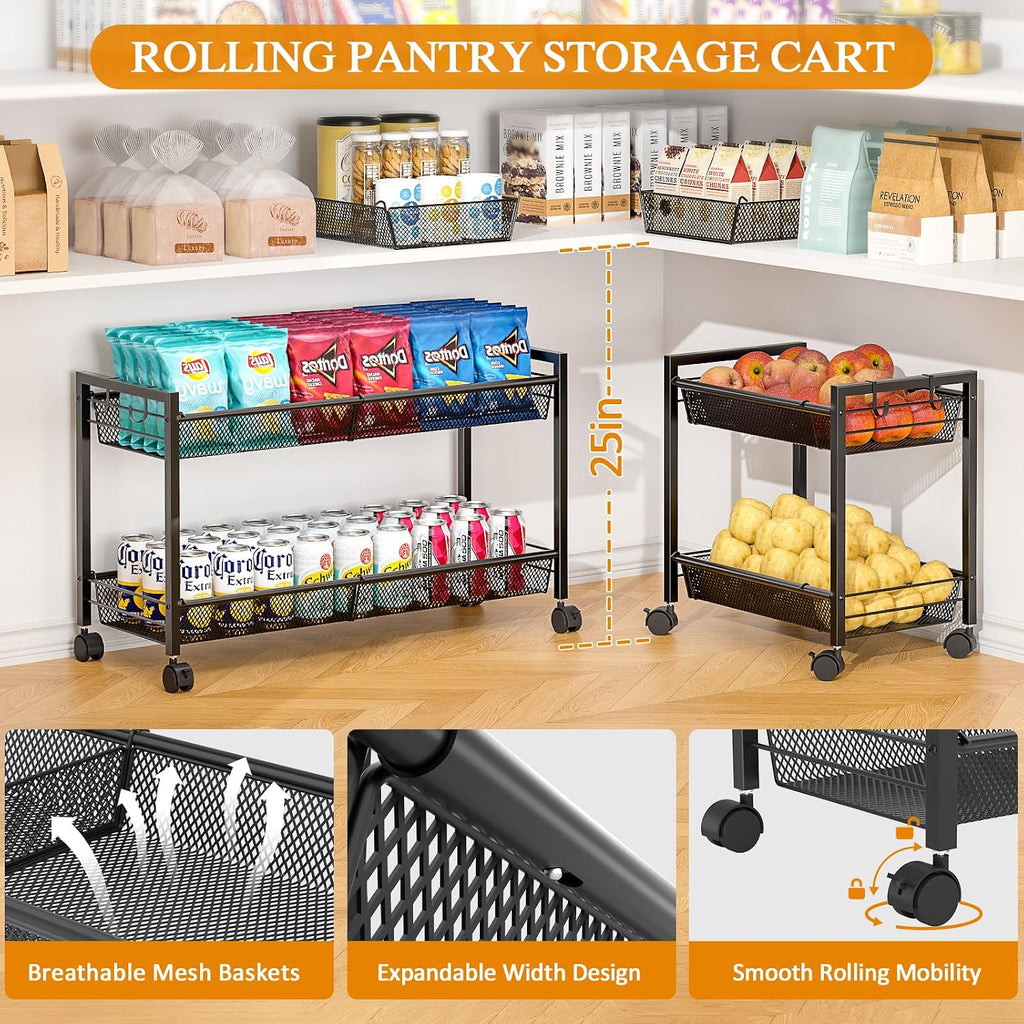 3IngSeagulls 2-Tier Expandable Rolling Pantry Floor Organizer, Stackable Pantry Storage Cart with Wheels, Kitchen Fruit and Vegetable Storage Rack for Onion, Potato, Food, Snacks