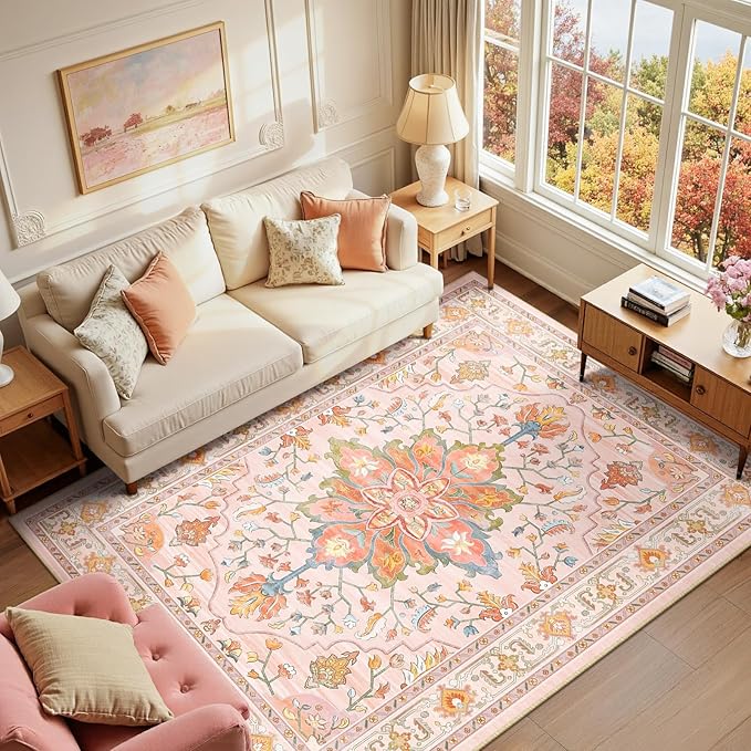 RELEANY Area Rugs 6'x9' Washable Non-Slip, Floral Vintage Distress Print by RELEANY