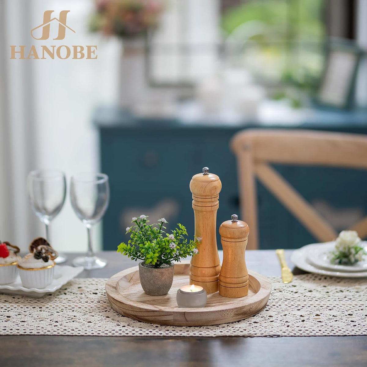 Hanobe Wooden Decortaive Coffee Table Tray, Round Candle Holder Centerpiece