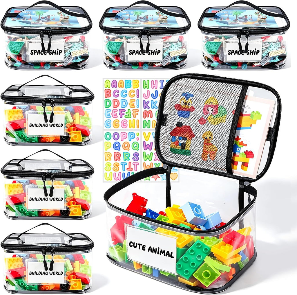 6 Pack Clear Toy Storage Bag with Name Tag& Manual Pocket, Waterproof Transparent PVC Toy Organizer Case for Lego Bricks, Board Games, Building Blocks, Puzzles (Large Capacity, Black)