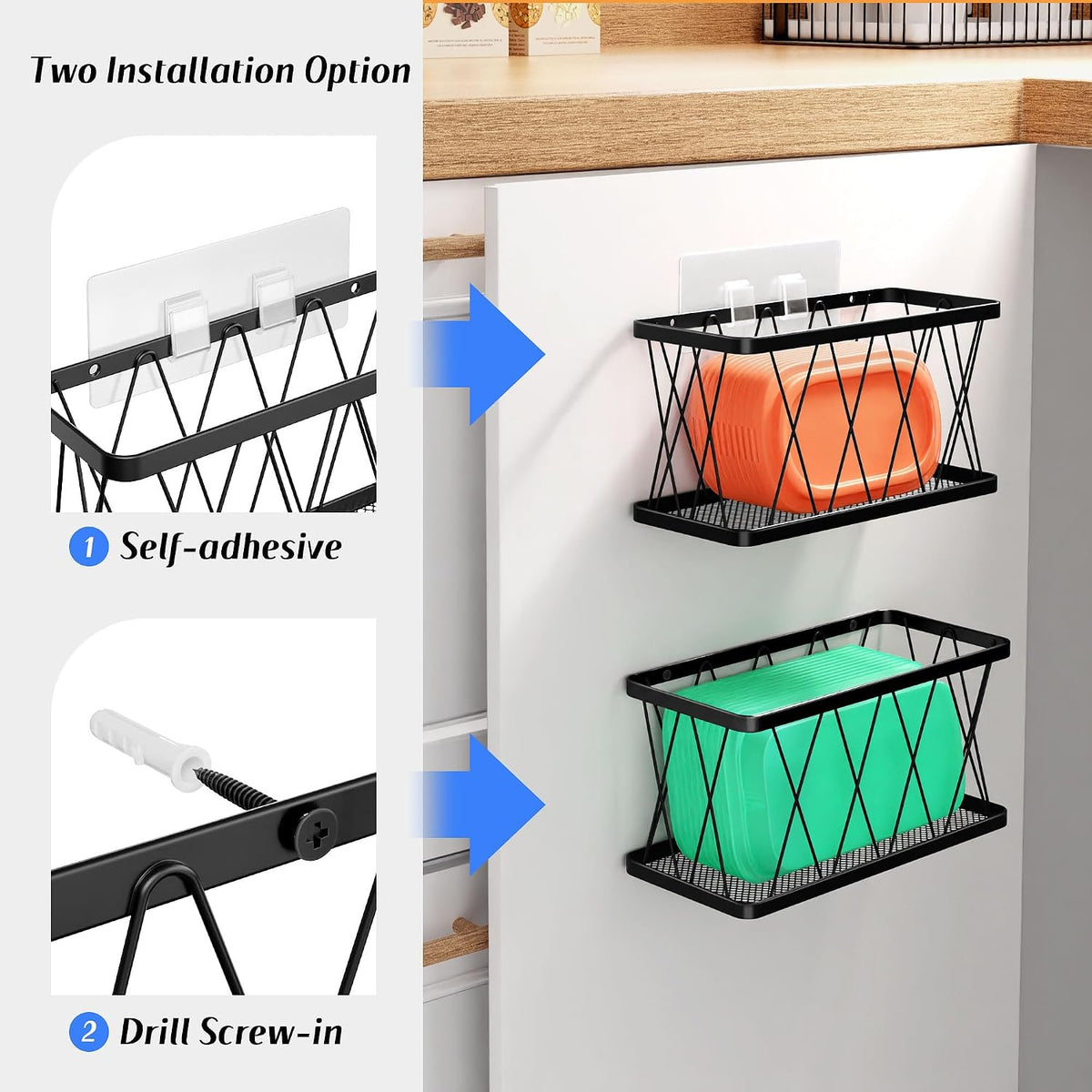 BasicForm 4 Pack Metal Kitchen Inside Cabinet Door Organizer, Adhesive Lid Organizers Cabinet Door Storage for Tupperware Lid, Storage Holder Basket for Kitchen Wall Mounted (Black)