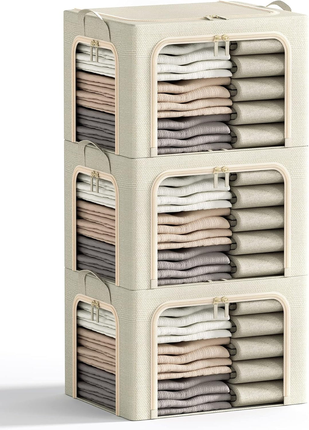 3 Openings Clothes Storage Bins with Metal Frame, Foldable Storage Bin for Clothes, Clothing Storage Bins with Lid, Linen Storage Box With Clear Window＆ Zippers＆ Durable Handles.(3 Pcs ,Beige,40L)