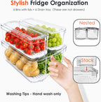 SMRCAD 6 Pack Clear Fridge Organizer Bins with Drain Trays - Stackable