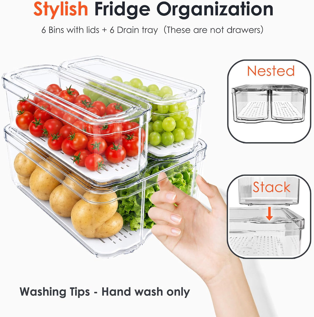 SMRCAD 6 Pack Clear Fridge Organizer Bins with Drain Trays - Stackable
