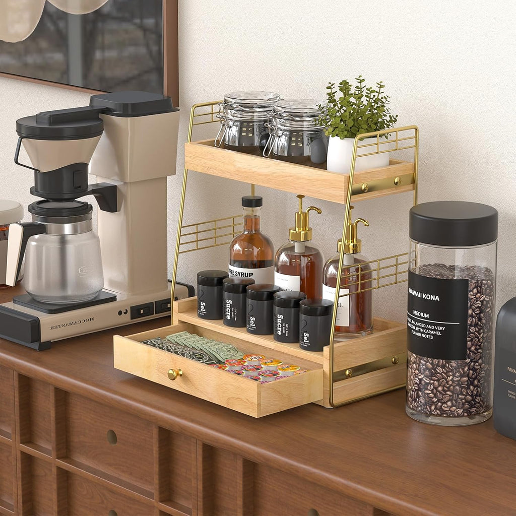 Coffee Bar Station Organizer with Drawer, 2-Tier Countertop Shelf (Natural)