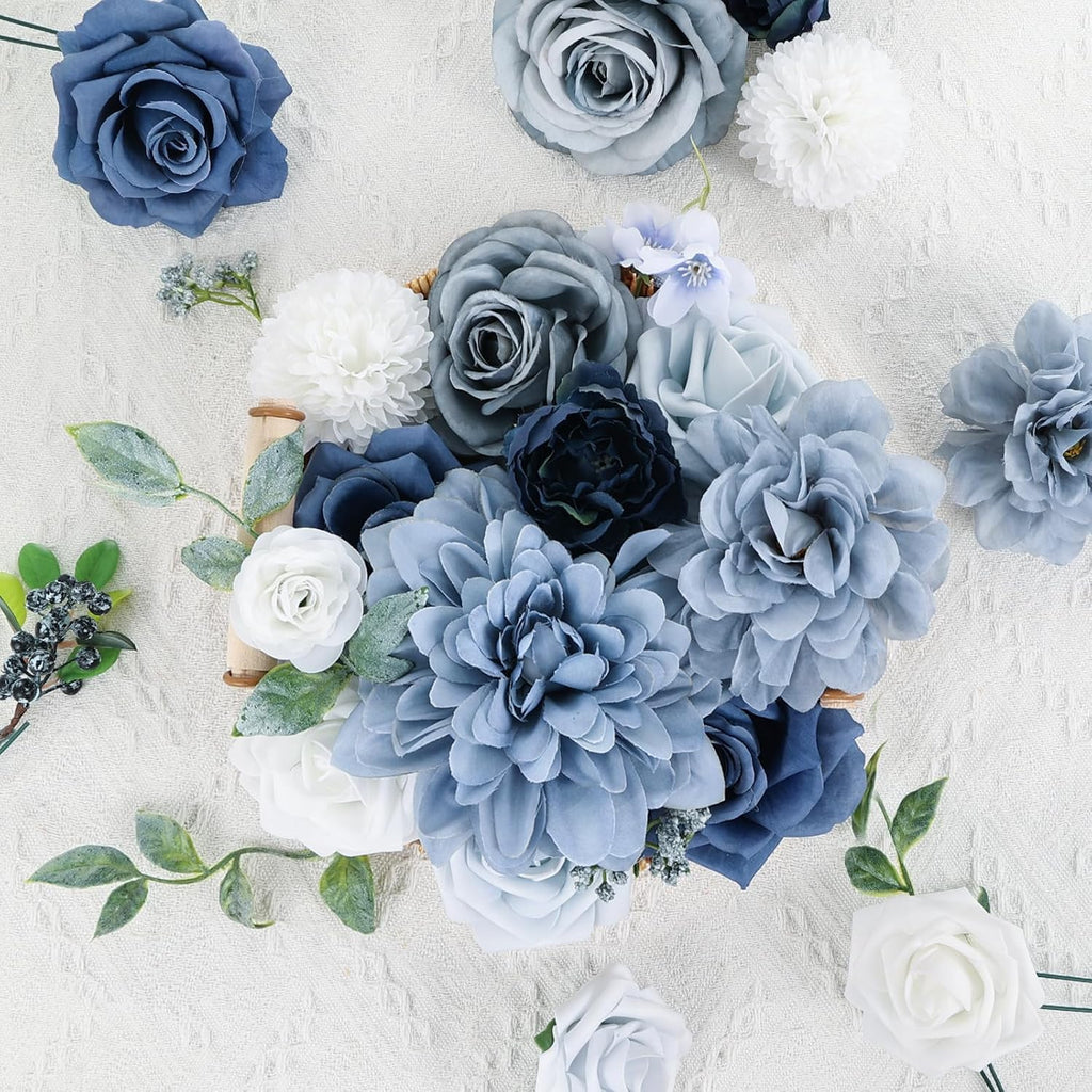 Artificial Flowers Combo Dusty Blue Silk Fake Flower Box Set for Wedding Bridal Roses Bouquets Baby Shower Birthday Party Decorations DIY Floral Centerpieces