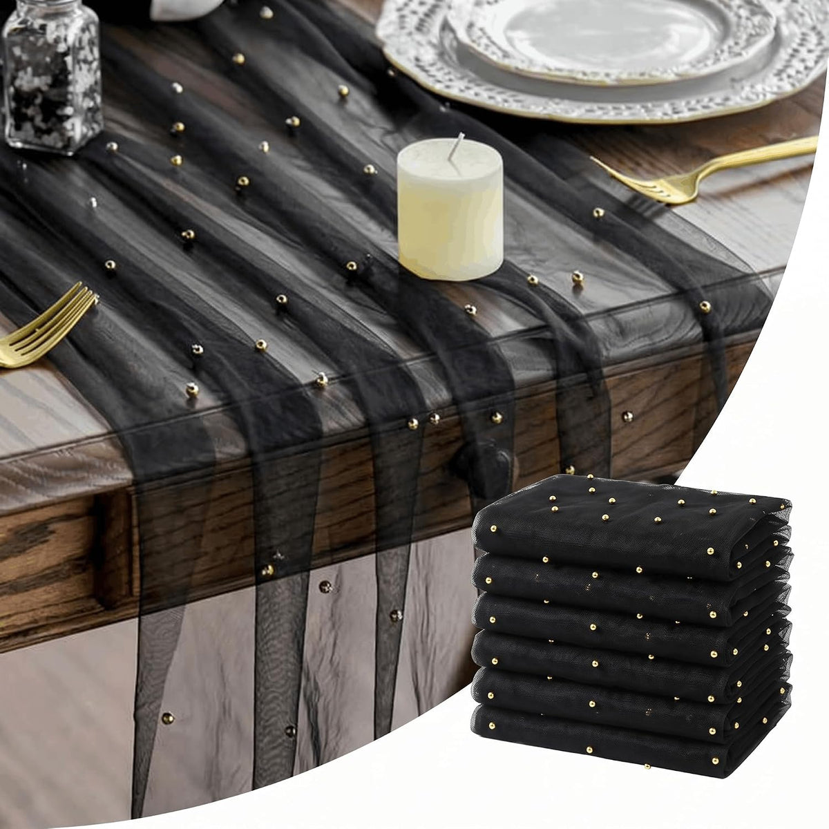 Artoid Mode 6-Pack Pearl Black Gauze Table Runner 10FT Home Decor