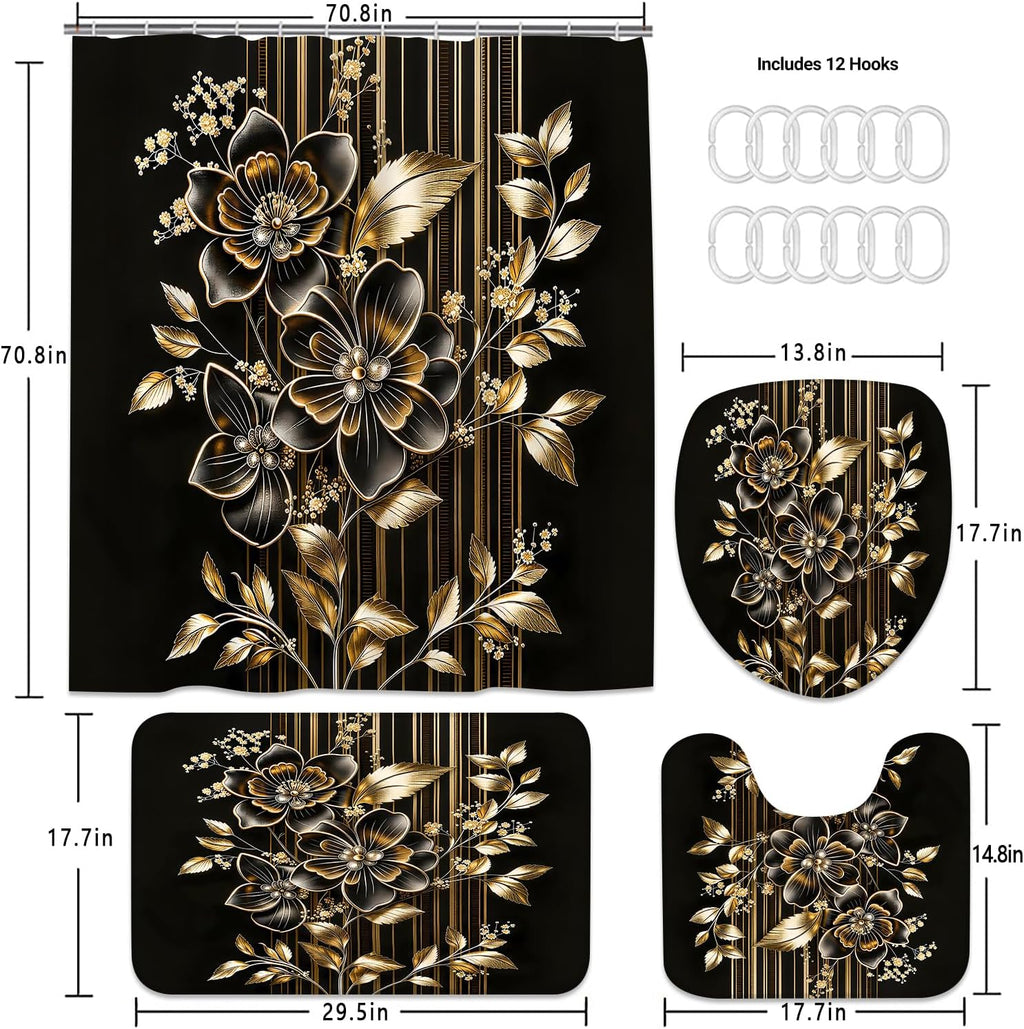 4pcs Shower Curtain Set Black Gold Flower Bathroom Decor with Rug