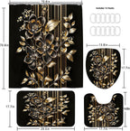 4pcs Shower Curtain Set Black Gold Flower Bathroom Decor with Rug