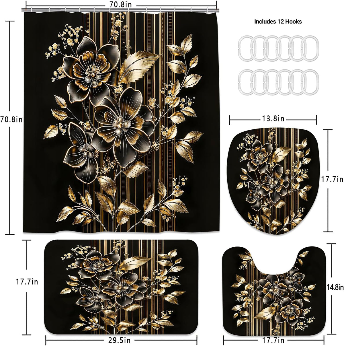 4pcs Shower Curtain Set Black Gold Flower Bathroom Decor with Rug