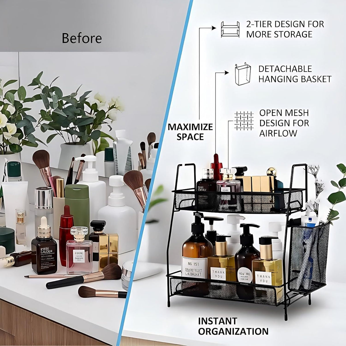 2-Tier Bathroom Countertop Organizer,Skincare, Makeup Countertop Organizers, Kitchen, Bathroom Counter Storage with Small Basket (Black)