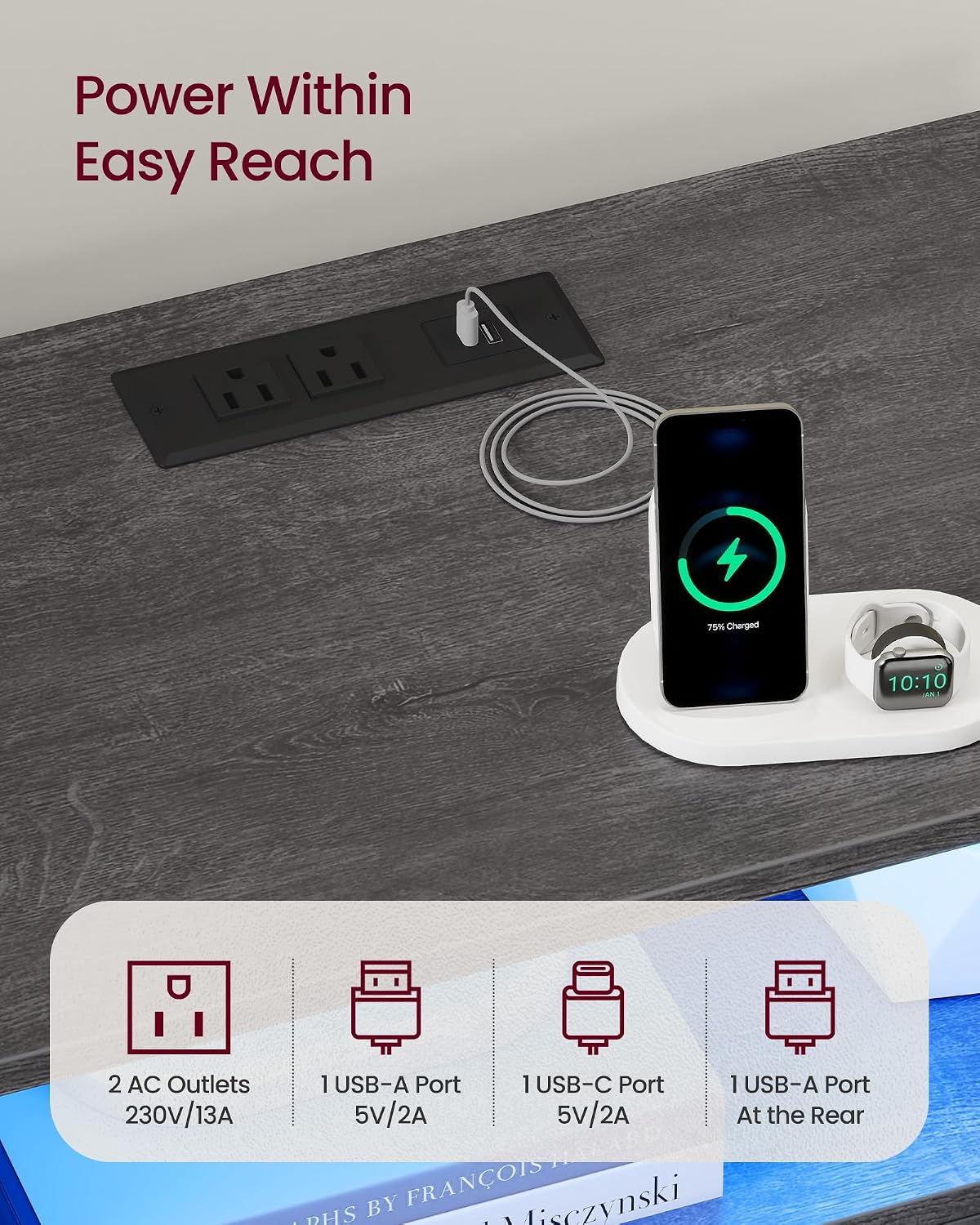 VASAGLE 23.6 Nightstands, LED Lights, Charging Station, 2 Drawers