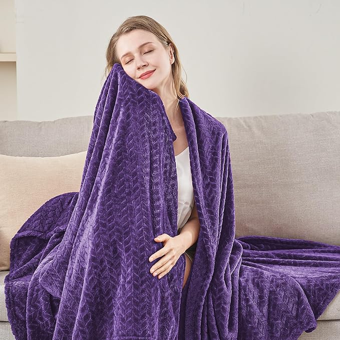 inhand Purple Fleece Twin Blanket, Super Soft Flannel Leaves Pattern Fuzzy - Image 6