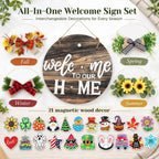 Interchangeable Welcome Sign Front Door with 4 Seasonal Wreaths & 21 Icons