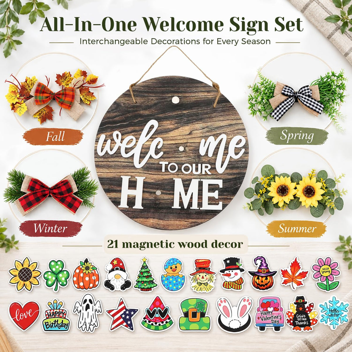 Interchangeable Welcome Sign Front Door with 4 Seasonal Wreaths & 21 Icons