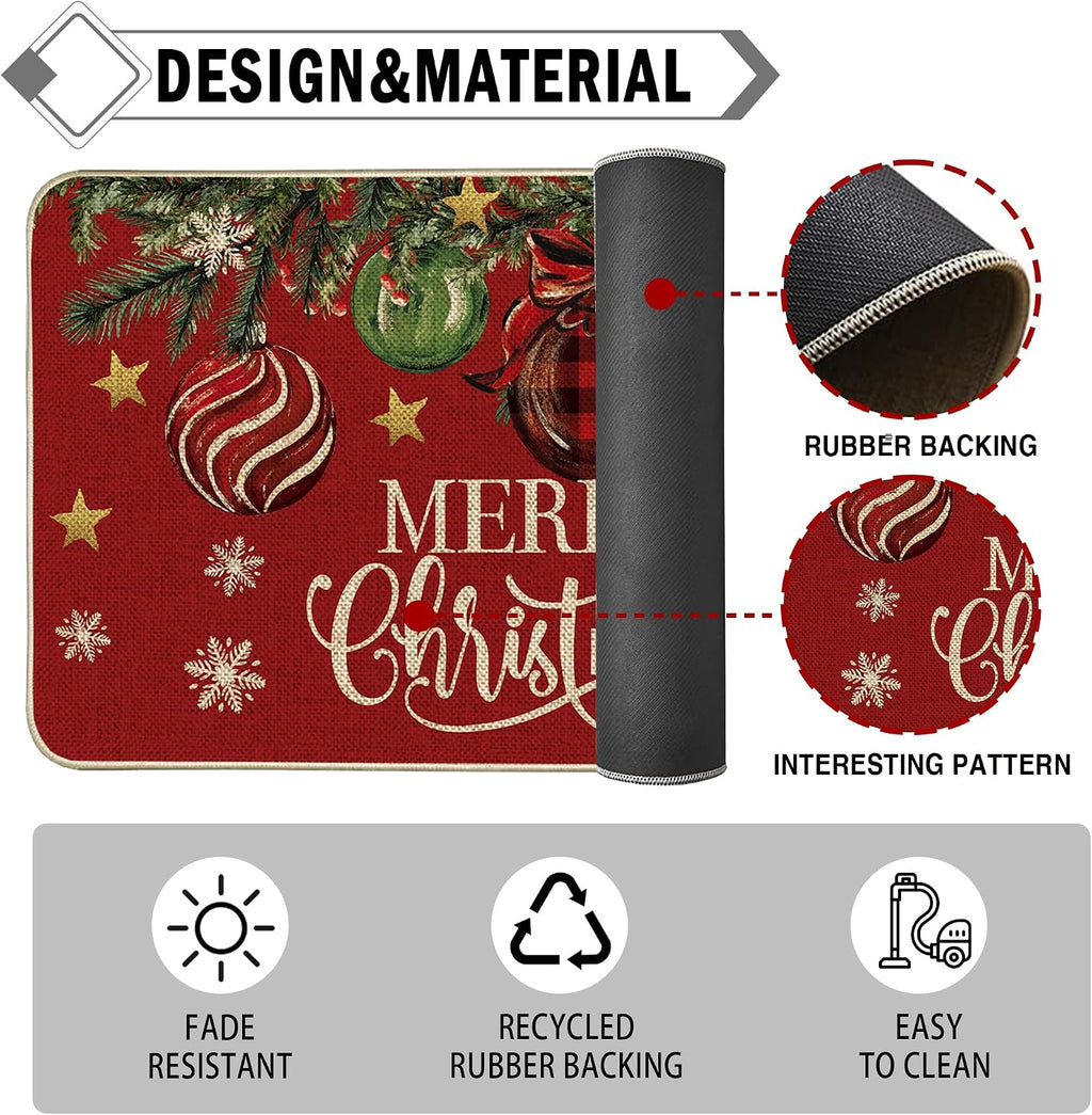 Red Christmas Tree Kitchen Rugs Set of 3, Non Slip Rubber Backing