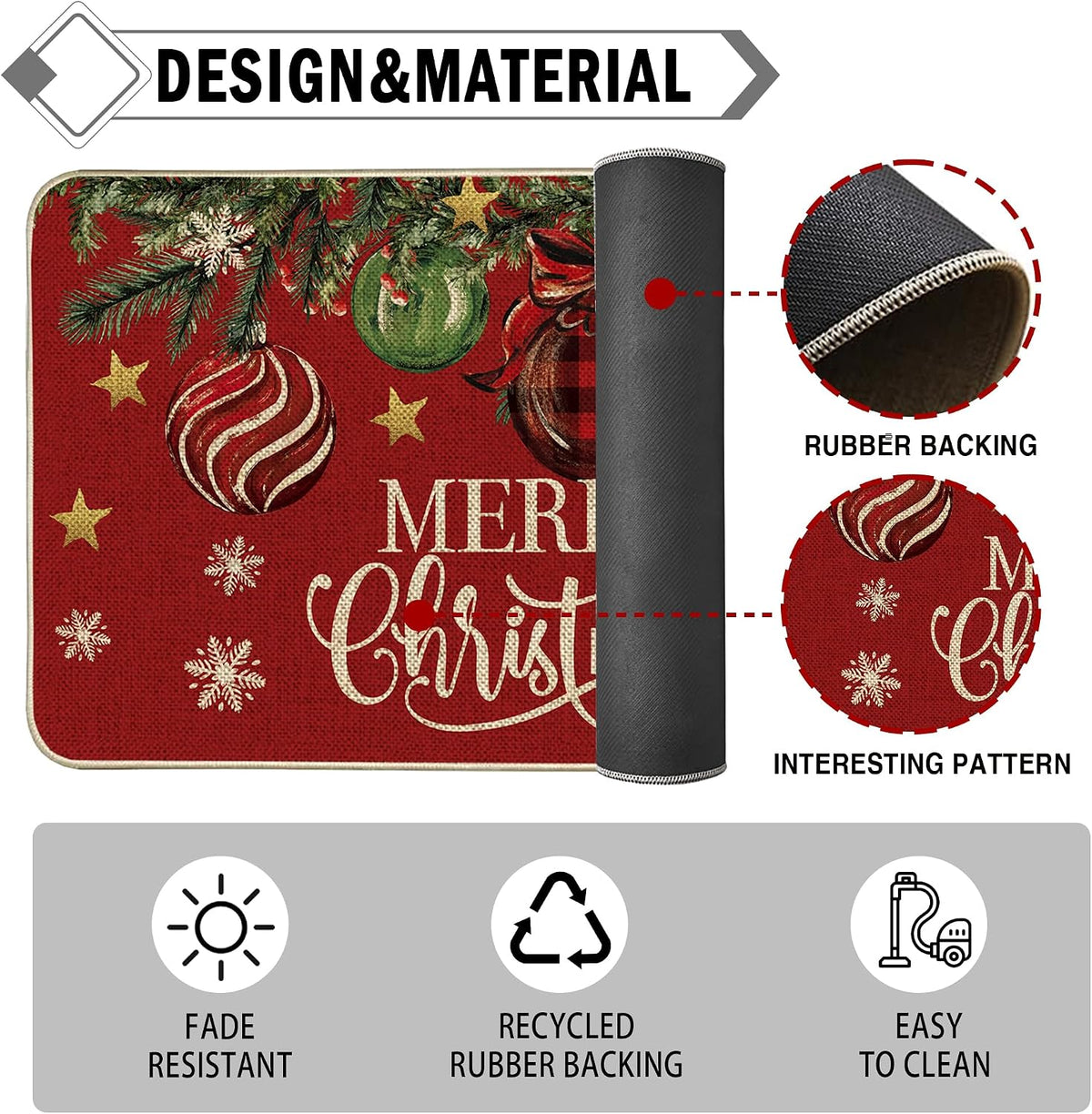 Red Christmas Tree Kitchen Rugs Set of 3, Non Slip Rubber Backing