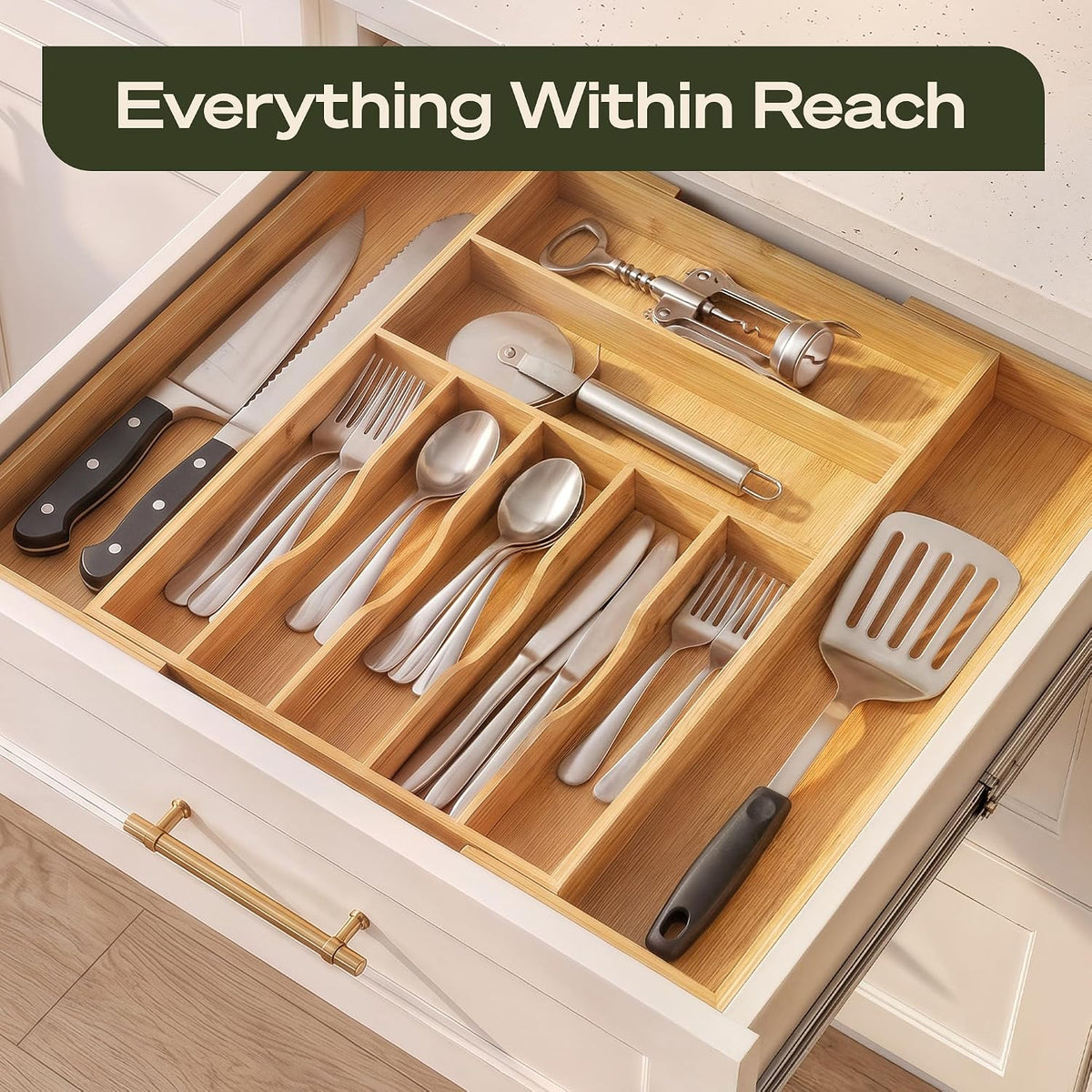 ROYAL CRAFT WOOD Luxury Bamboo Kitchen Drawer Organizer for Kitchen Organization - Silverware Organizer, Utensil Holder & Cutlery Tray Drawer Dividers for Flatware Silverware Storage, 9 Slot, Natural