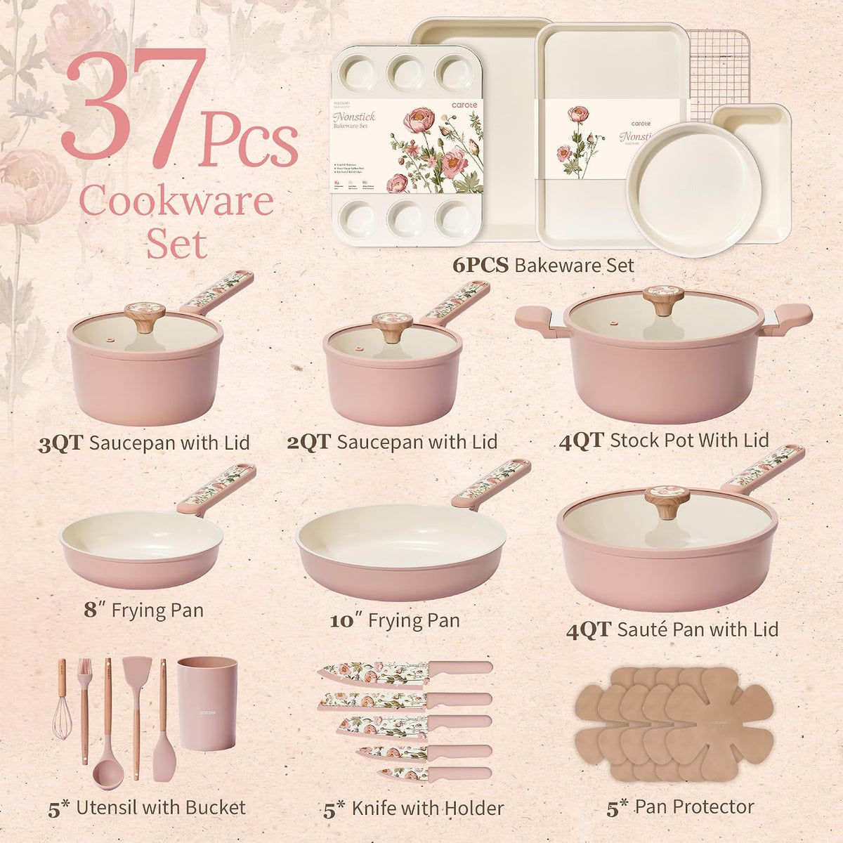 CAROTE 37pcs Ceramic Cookware Set, Nonstick Pots and Pans Set