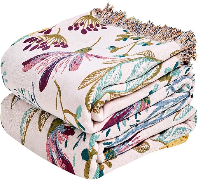 MSGKV Boho Throw Blanket for Couch 50"x60" Floral 100% Cotton Blanket Spring by MSGKVHomeTextiles