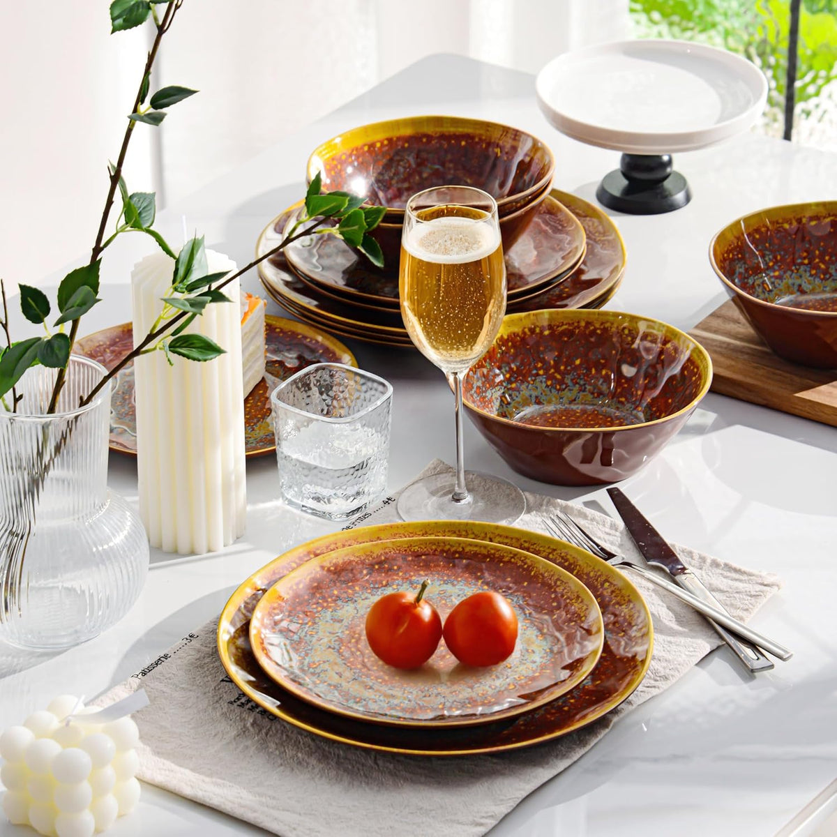 FINE&NICE Melamine Dinnerware Set of 12Pcs, Dish Set for 4, Lightweight Unbreakable Plate and Bowl Set for Patio, RV and Camping, Dishwasher Safe,Rusty Brown
