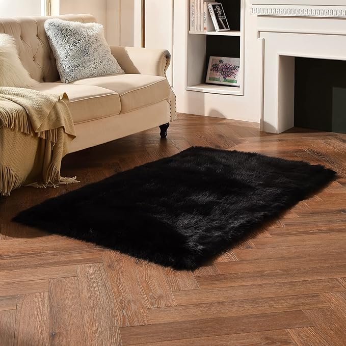duduta Black Faux Sheepskin Fur Rug 3x5 ft, Fluffy Shag Bedroom Dorm Nursery - Image 6