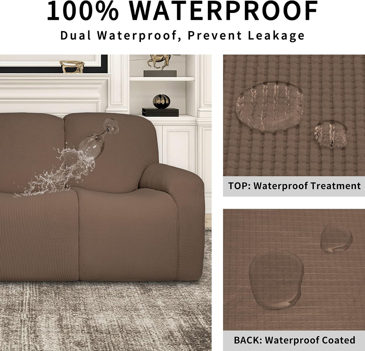 Easy-Going 100% Dual Waterproof Recliner Loveseat Cover, 6-Pieces Stretch Relining Sofa Cover with Pocket, Jacquard 2 Seat Sofa Slipcover Leakproof Washable (Loveseat, Brown)