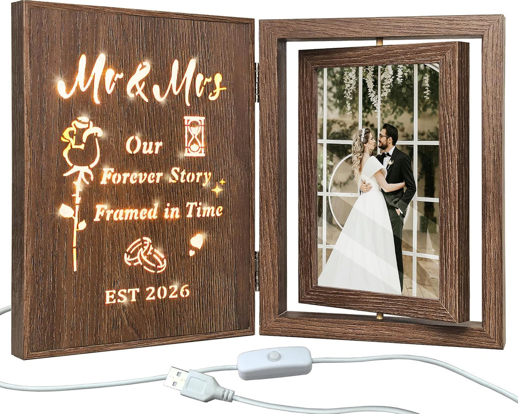 EYITUPC Rotating Light Up Mr Mrs 2026 Wood Frame Bridal Shower Wedding Gift