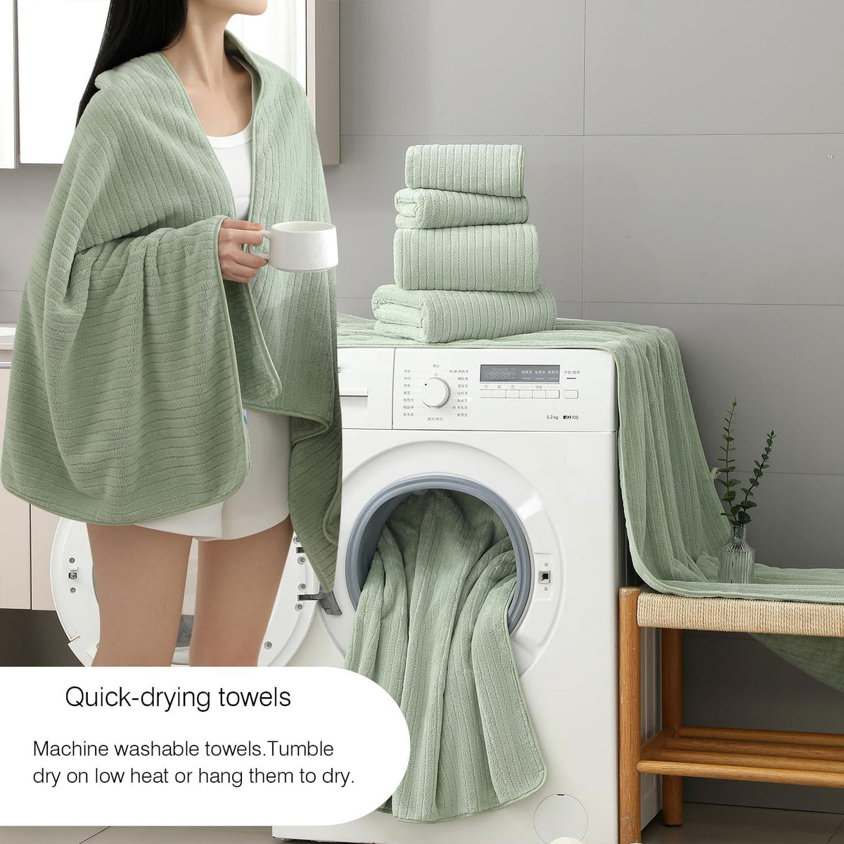 18 Piece Family Bath Towel Set Include 6 Bath Towels,6 Hand Towels and 6 Washcloths Soft Bathroom Towel with Hanging Loops,Highly Absorbent Quick Dry Towels Set for Bathroom,Hotel and Spa-Green