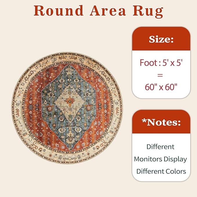 SERISSA Boho Round Area Rug, 5ft Washable Non-Slip Circle Rug, Ultra Soft - Image 6
