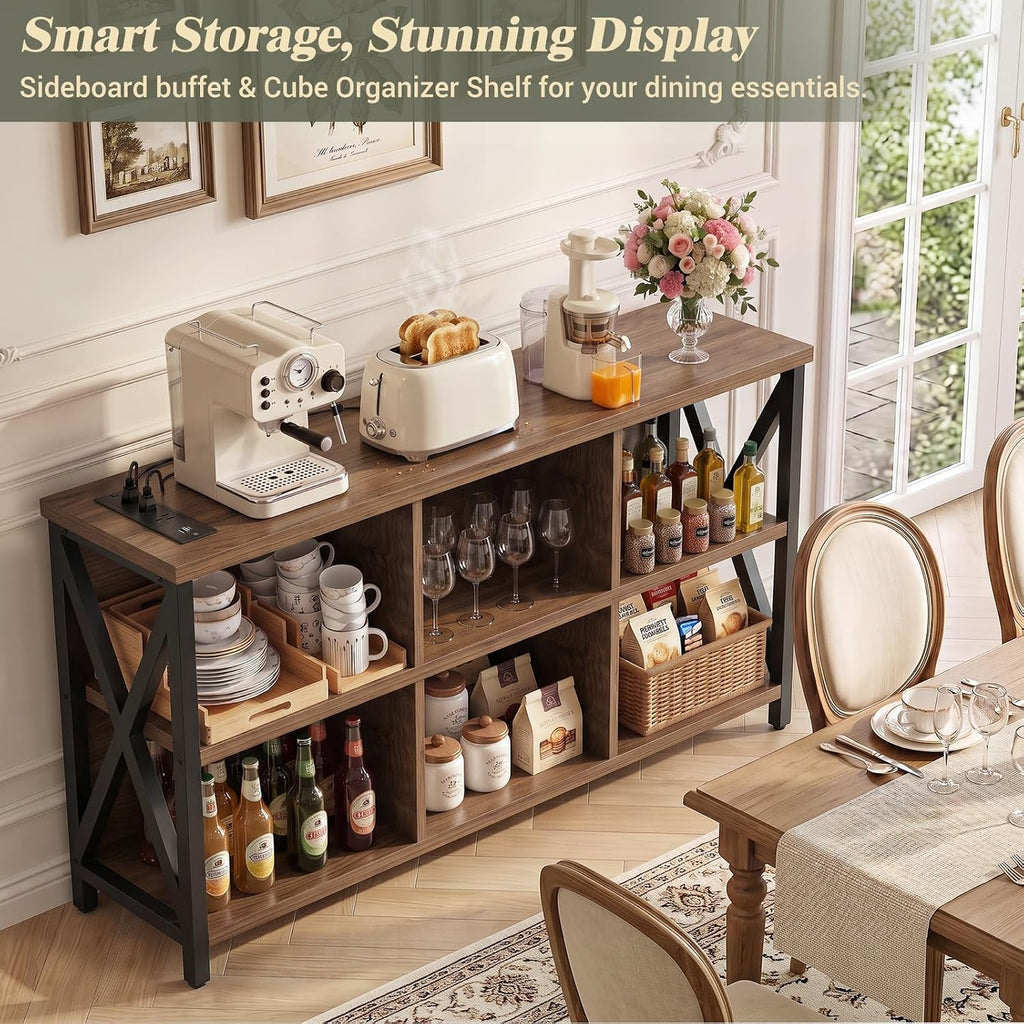 6 Cube Bookcase, Cube Storage Organizer Bookshelf with Outlets