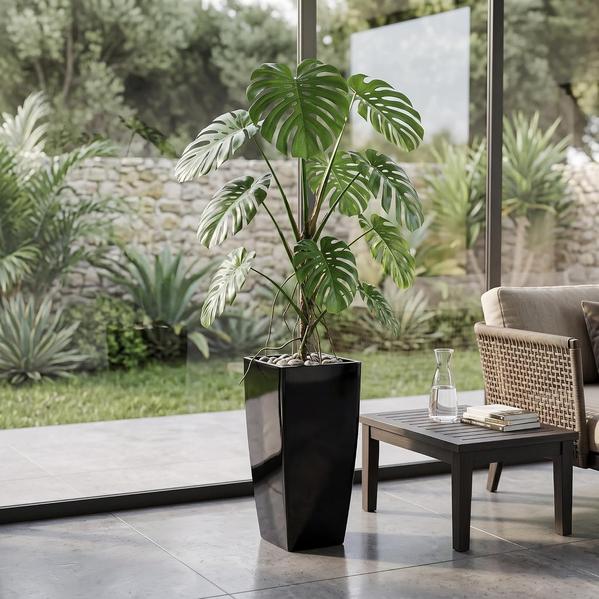21" Tall Square Planters 2 Pack, Resin Pots Indoor Outdoor, Black