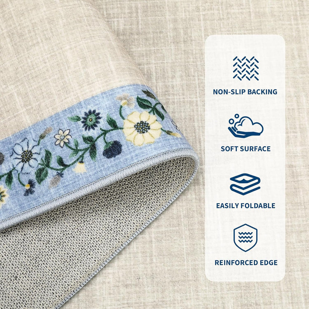 GarveeHome Entryway Rug 2x6 Modern Bordered Runner Rug Washable Kitchen Runners for Hallway Non-Slip Low-Pile Soft Carpet Floral Print Bathroom Mat for Bedroom Laundry Room, Beige