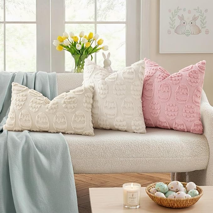 decorUhome Easter Cream White Egg Pillow Covers 12x20 Inch Set of 2, Soft Plush - Image 3
