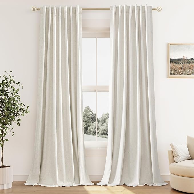 Guken Cream 100% Blackout Linen Curtains 96 Inch Length 2 Panels Set - Image 9