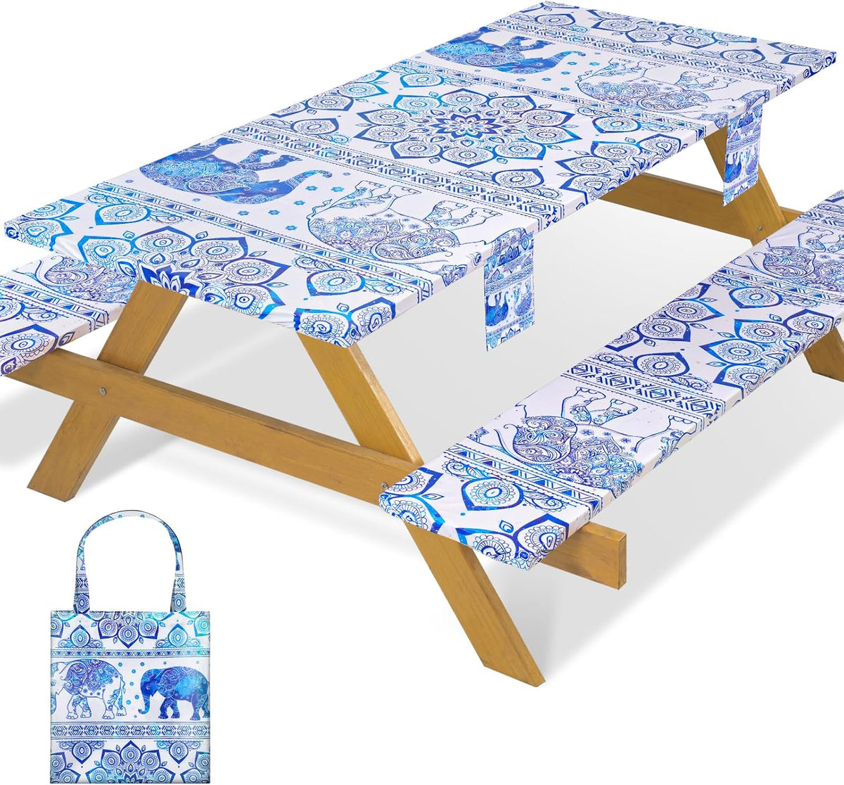 Fitted Waterproof Picnic Table Cover with Bench Covers Heavy Duty Elastic Outdoor Camping Tablecloth for 6 Foot Rectangle Tables Summer Rv Accessories Patio Garden Road Trip Essentials Gifts