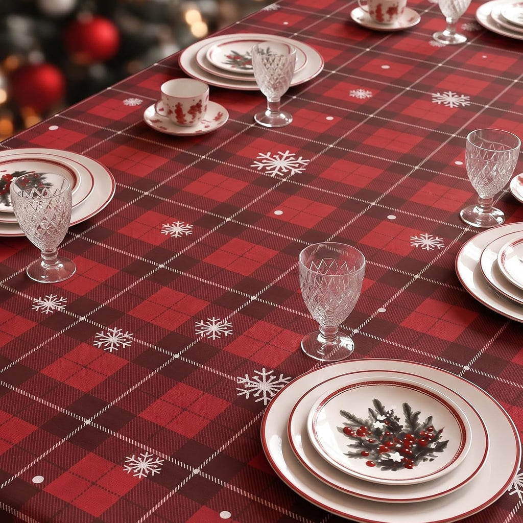 Softalker Christmas Rectangle Tablecloth 60 x 84 Inch, Snowman Red Plaid