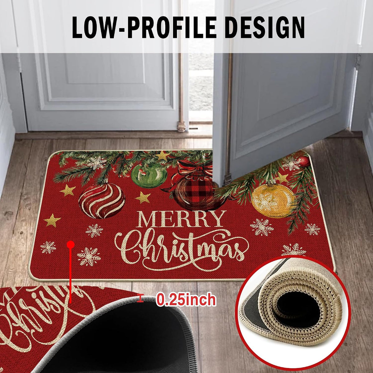 Red Christmas Tree Kitchen Rugs Set of 3, Non Slip Rubber Backing