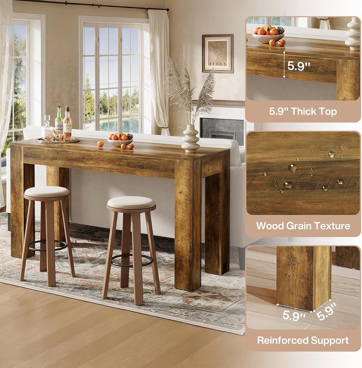 Tribesigns 63" Rectangular Dining Table, Rustic Wooden Kitchen Table with 4 Sturdy Legs, Farmhouse Dining Room Furniture for Family Meals, Apartment, or Small Space (Brown)