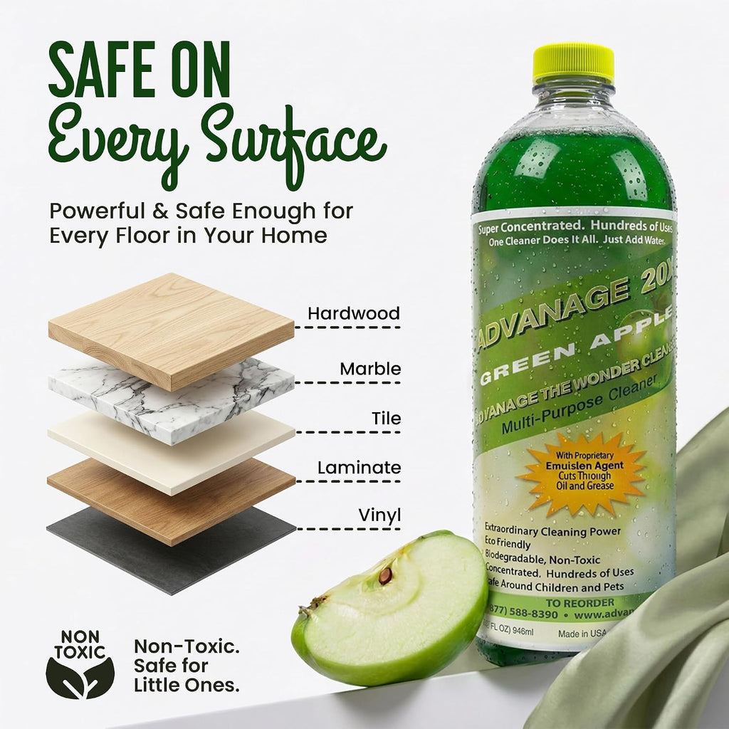 Advanage 20X All Purpose Cleaner Concentrate – The Wonder Cleaner 32 fl oz Green Apple Cleaning Supplies for Bathroom Cleaner, Floor Cleaner, Multipurpose Cleaner | Made in USA Multisurface Cleaner