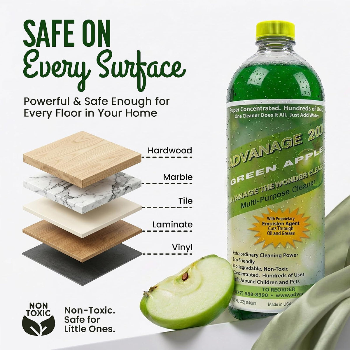 Advanage 20X All Purpose Cleaner Concentrate – The Wonder Cleaner 32 fl oz Green Apple Cleaning Supplies for Bathroom Cleaner, Floor Cleaner, Multipurpose Cleaner | Made in USA Multisurface Cleaner