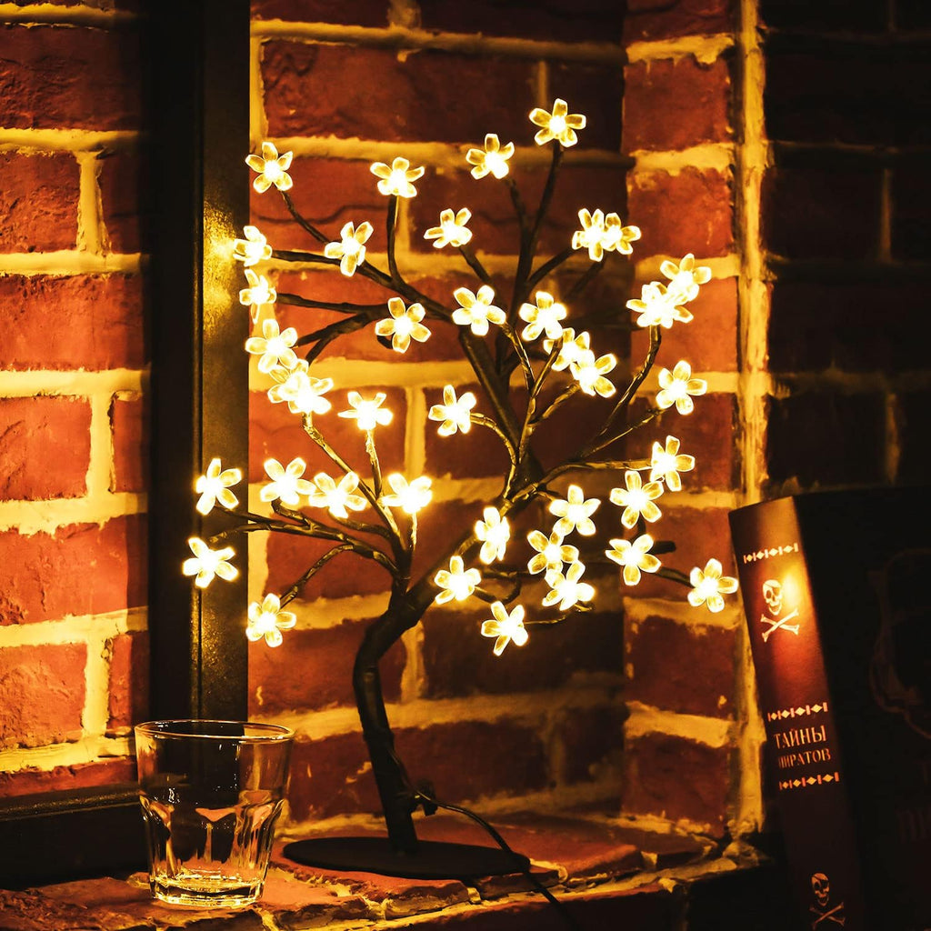 Cherry Blossom Tree Light,17inch 40LED Lighted Tabletop Artificial Flower Bonsai Tree Lamp USB Powered Gifts for Home Decor Room Office Party Wedding Christmas Decorations(Warm White)