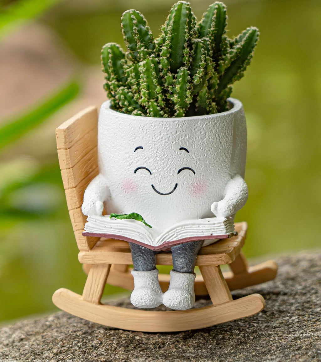 Rocking Chair Smiley Face Planter with Drainage Hole, Cute Plant Pots for Indoor Outdoor Plants,Unique Flower Pot for Succulents, Gift for Mother's Day, Birthday, Christmas(White)