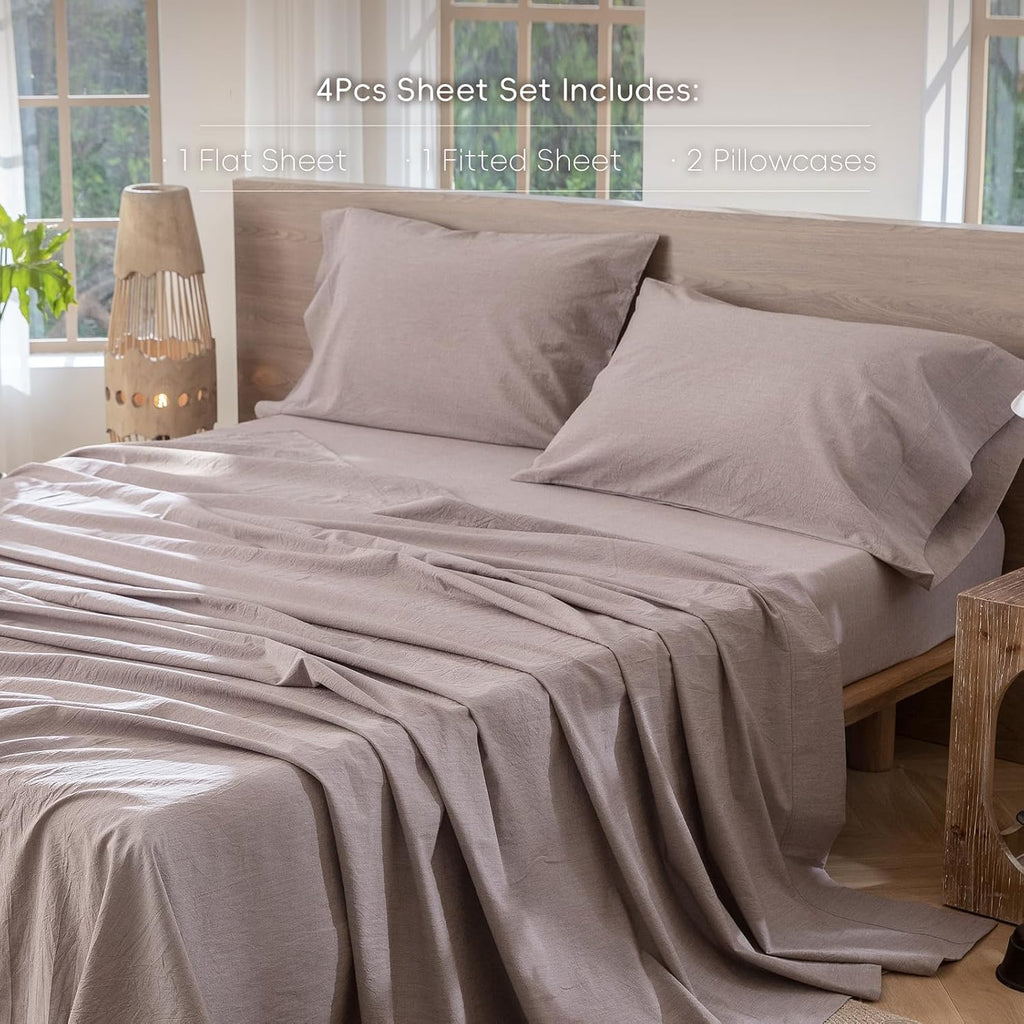 MooMee Sheet Set 100% Washed Cotton Linen-Like Extra Deep Pocket Queen