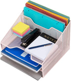 Mind Reader Metal Mesh Desktop File Organizer, 3-Tier Paper Tray with 5 Compartments, Office Mail Sorter, Pink
