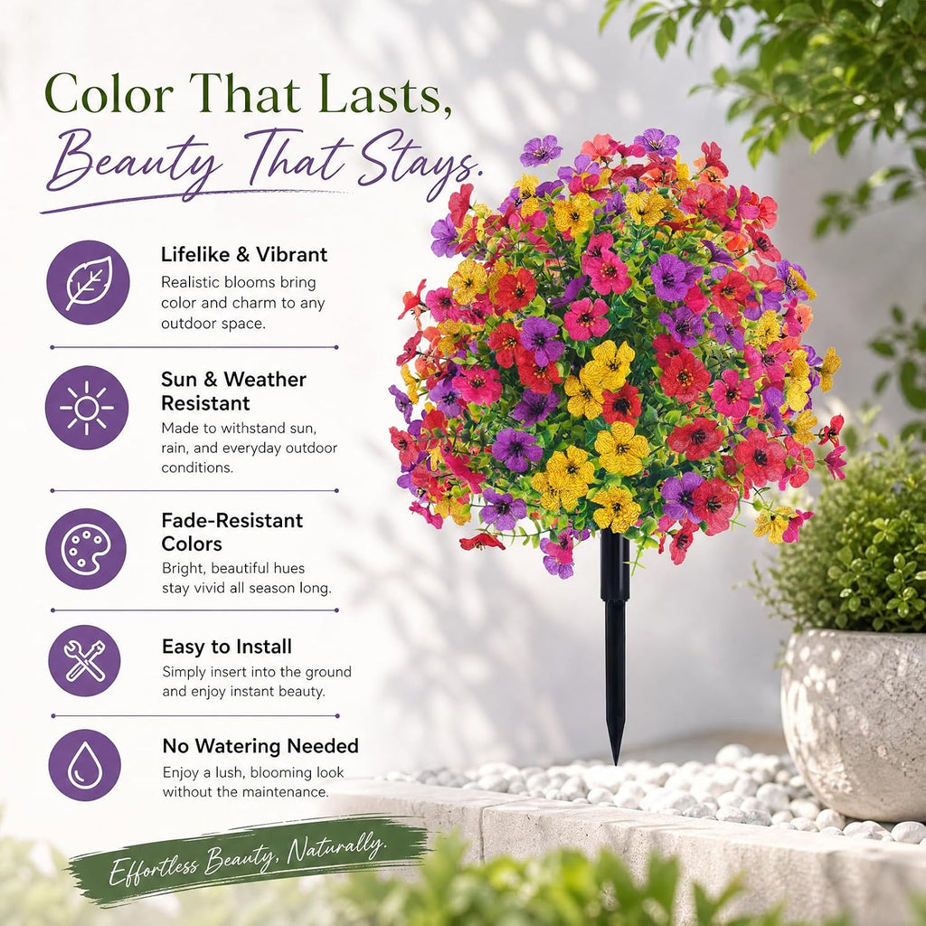 22 Inch Artificial Flowers and Shrubs with Stakes for Outdoors, 4 Colors Mix, 165 Blooms Per Stem, Vibrant Color & No Fade, Heavy‑Duty Stakes for Yard Lawn Patio All‑Season Decor (2Pcs)