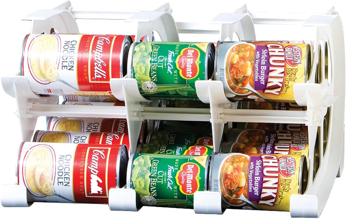 FIFO Countertop Mini Can Tracker Holds 30 Standard 10-24 Oz Can Sizes, White| Stackable & Adjustable Can Organizer for Pantry, USA Made, White