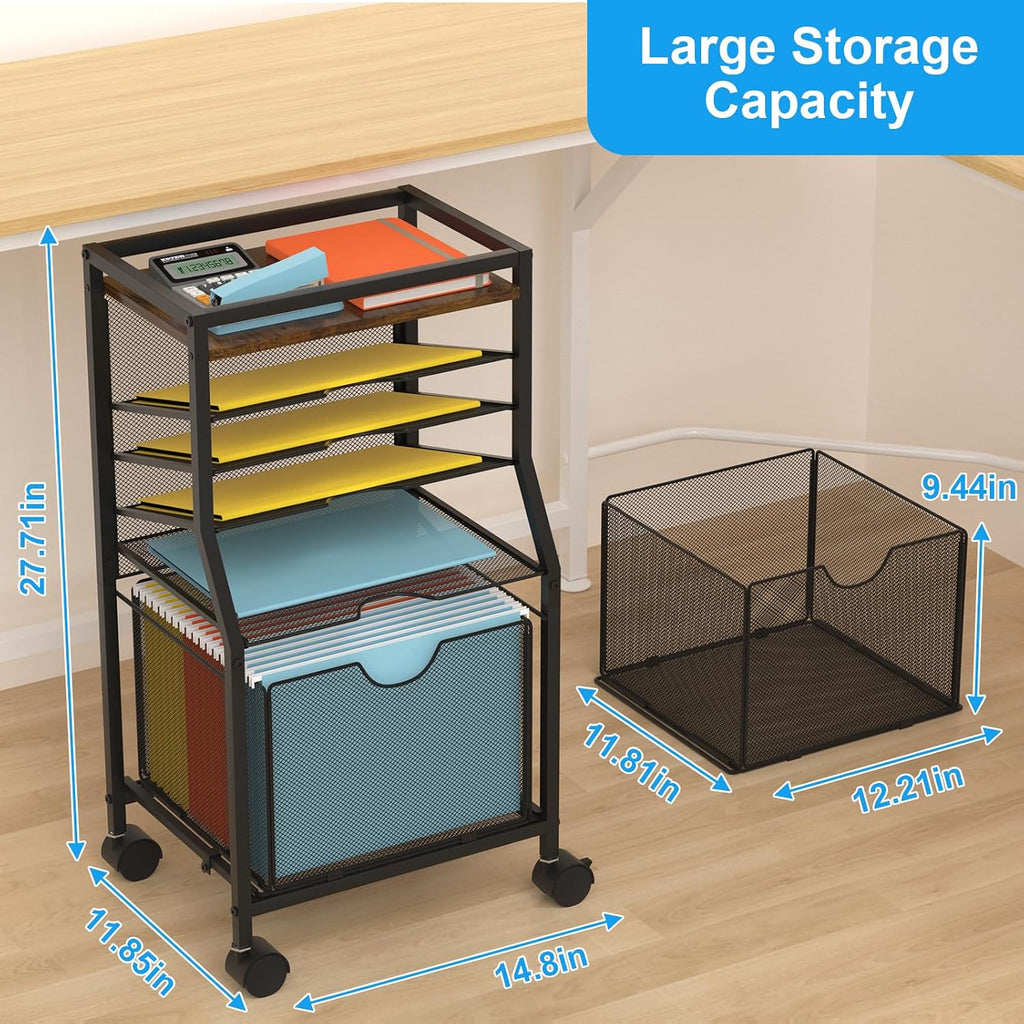 BOHDK Rolling File Cart, 6-Tier Desk File Organizer on Lockable Wheels, Brown Wood Planks & Mesh Sliding Hanging Folder Drawer, Organization Cart for Office Home School