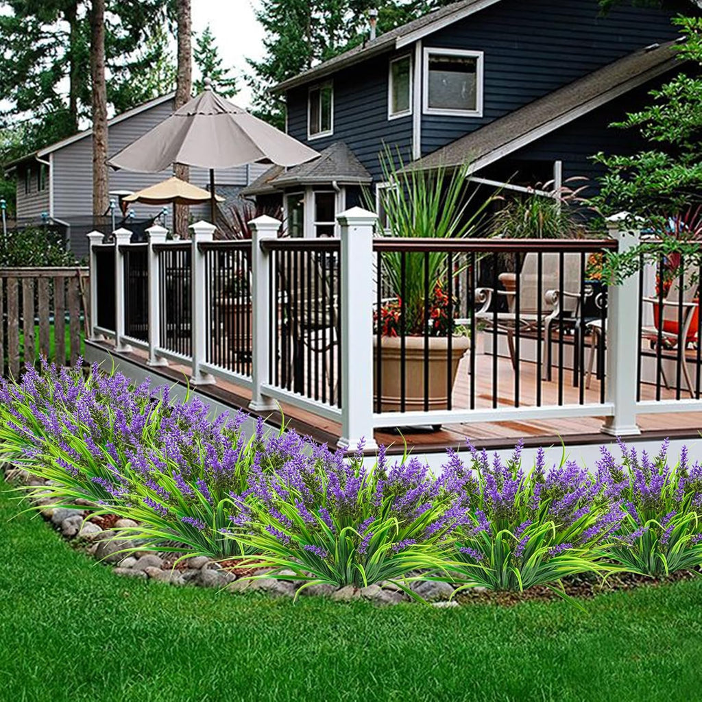 obbsie 12 Bundles Artificial Plants Outdoor, 18.2" UV Resistant Faux Monkey Grass Greenery Stems No Fade Faux Plastic Flowers Shrubs for Home Weddings Garden Porch Front Patio Office Decor - Purple