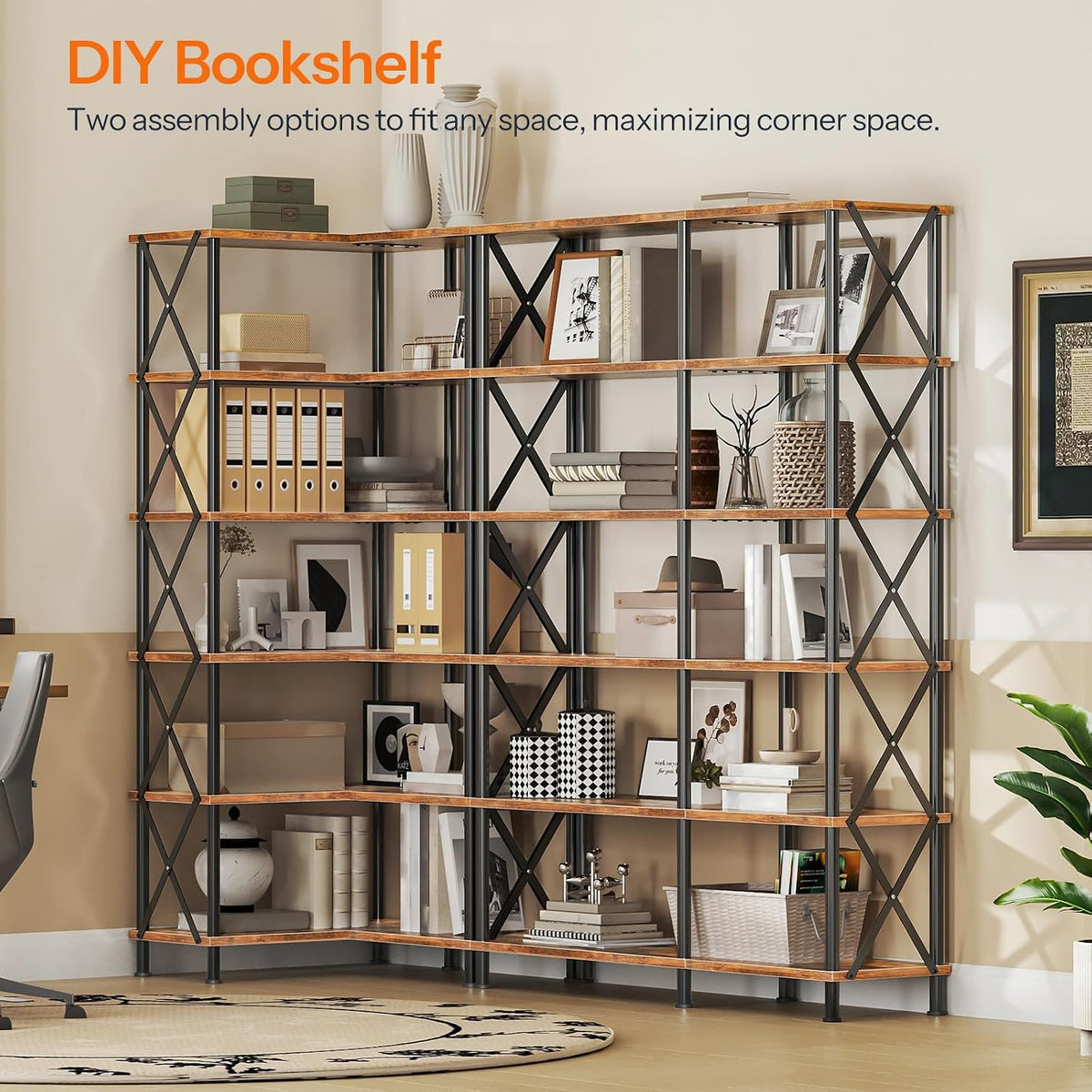 HOOBRO Corner Bookshelf, 6-Tier L-Shaped Bookcase, Industrial Open Display Shelf Tall Storage Organizer, Vertical Storage Rack, for Living Room, Home Office, Rustic Brown and Black BF61SJ01